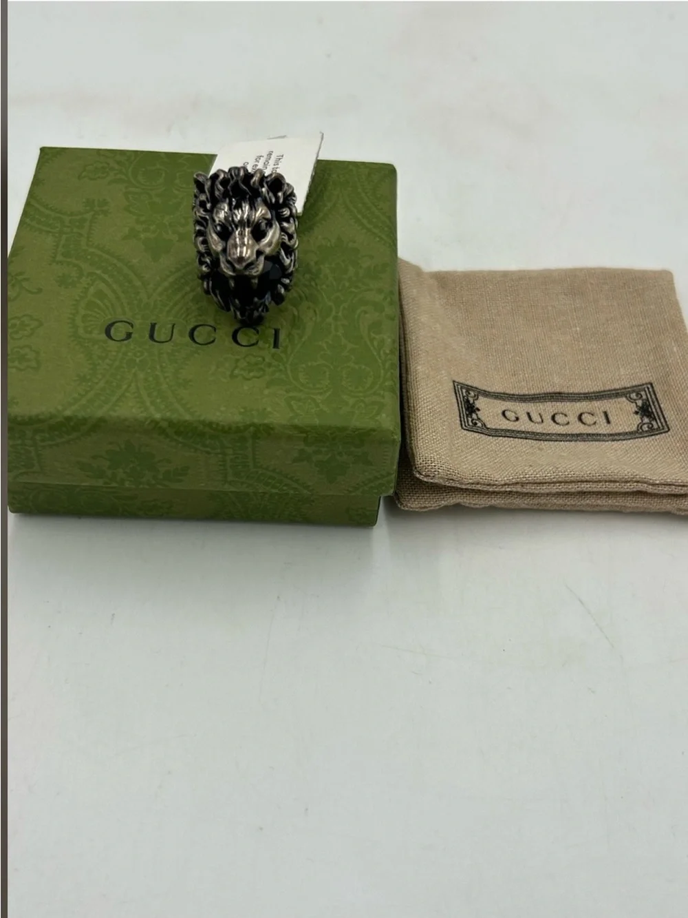 Unisex Gucci, iconic Lionhead silver ring featuring black Crystal size 11 Italy